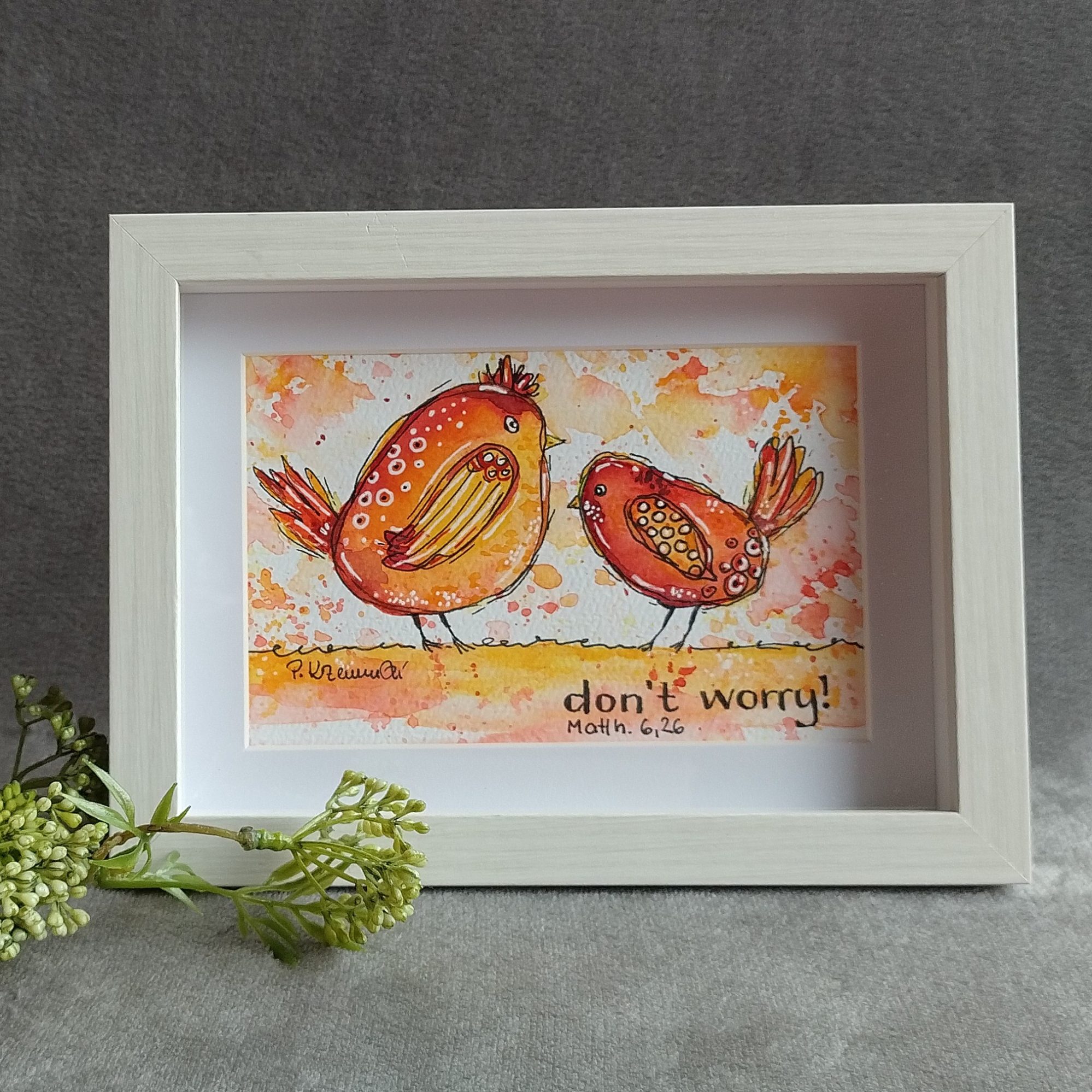 Minibilder im Rahmen Zwei illustrative Vögel in einem Bilderrahmen, mit der Aufschrift "Don't worry".