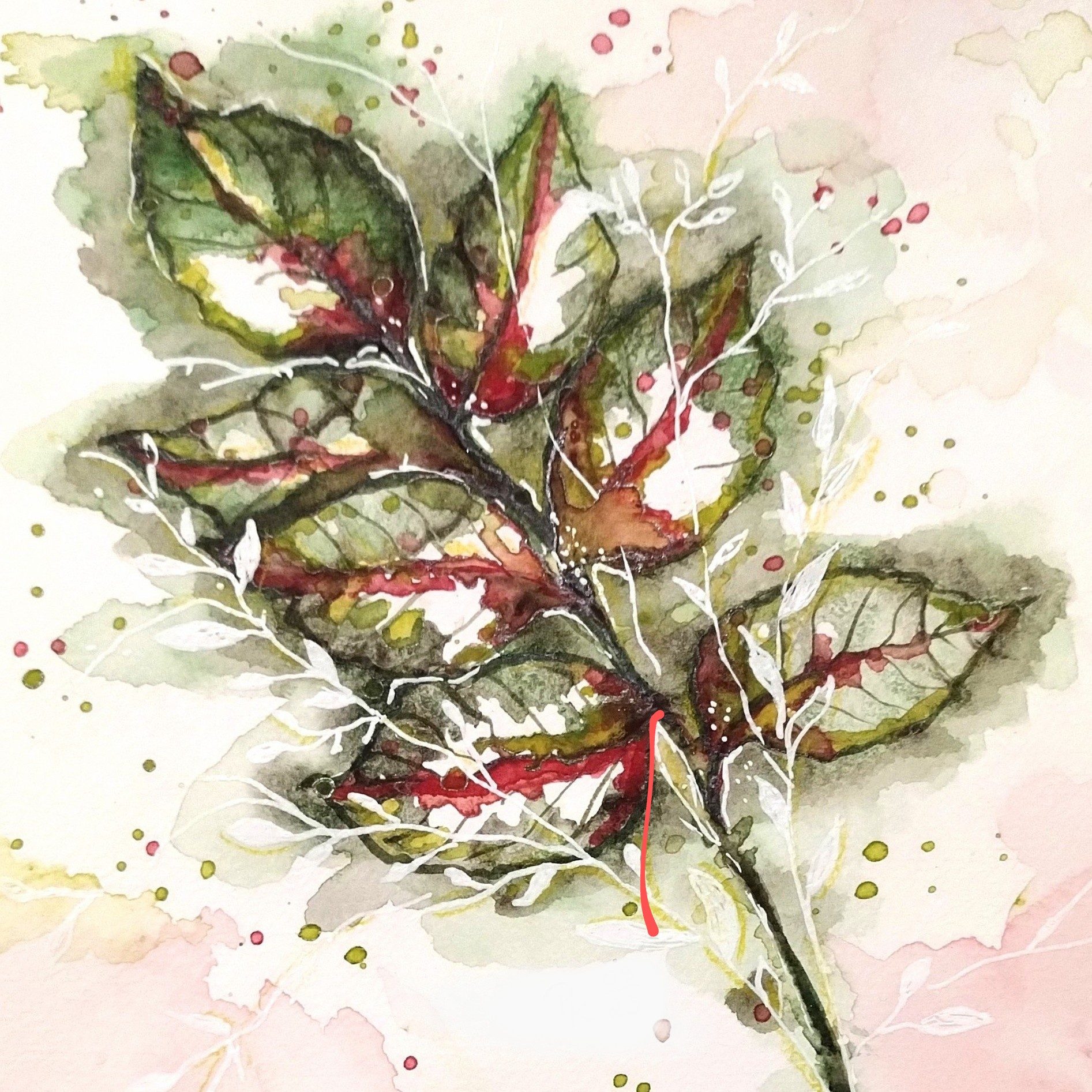 Aquarellbilder Bunte Aquarellzeichnung eines Blattes mit Grüntönen und roten Akzenten.