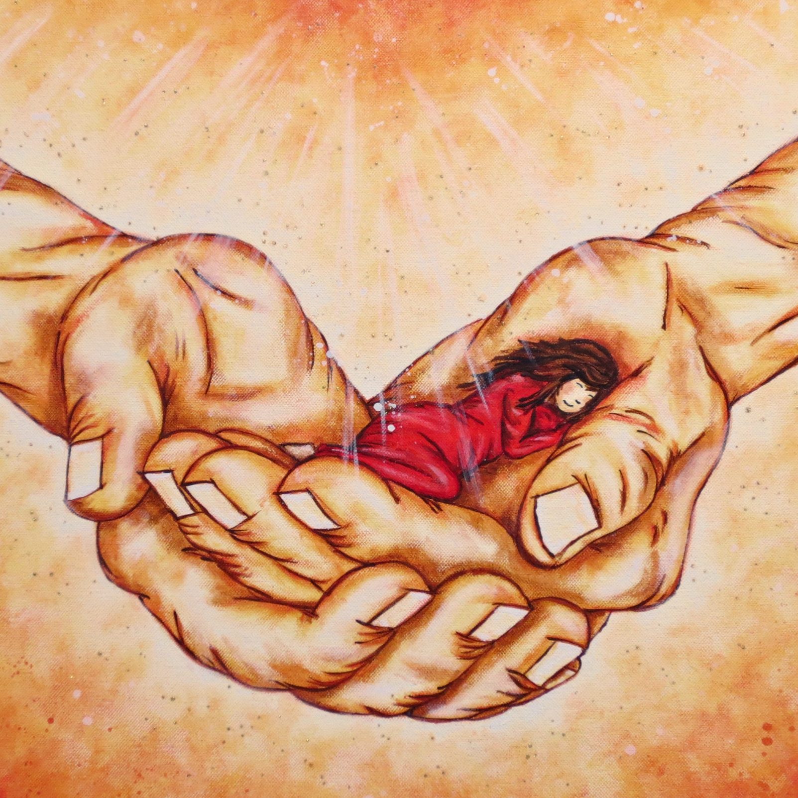 Acrylbilder Zwei große Hände halten eine schlafende Figur in einem roten Umhang, umgeben von Licht.